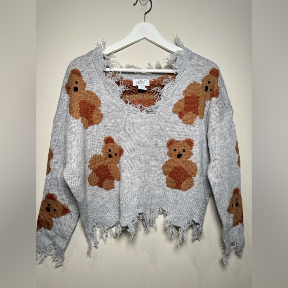Just Polly Teddy Bear Distressed Knit Sweater Size Small